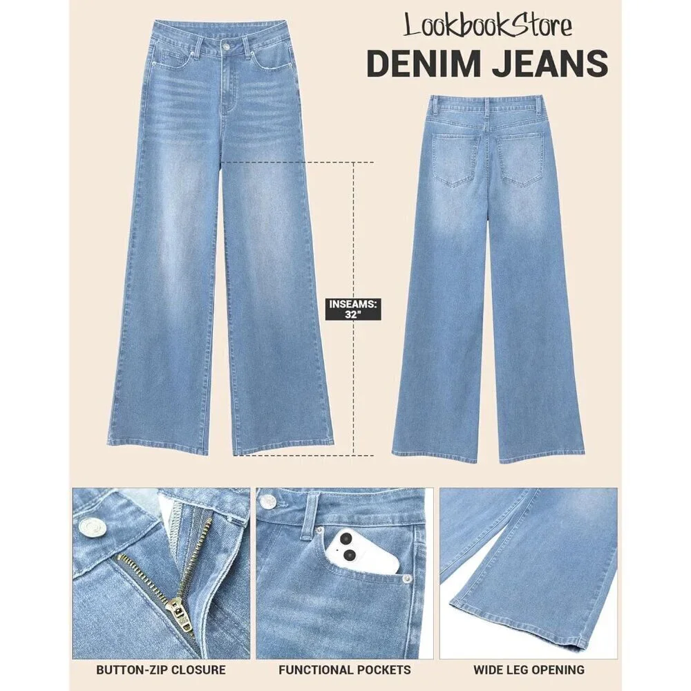 Wide Leg Jeans Women High Waisted Stretch Denim Baggy Pants with Pockets